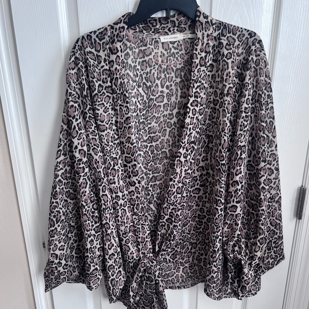 Blu Pepper Leopard Print‎ Kimono Cardigan Tie Front Sheer One Size